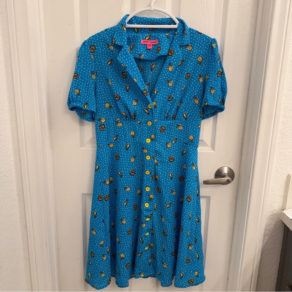Betsy Johnson Polka Dot Lemon Print front button dress size 8